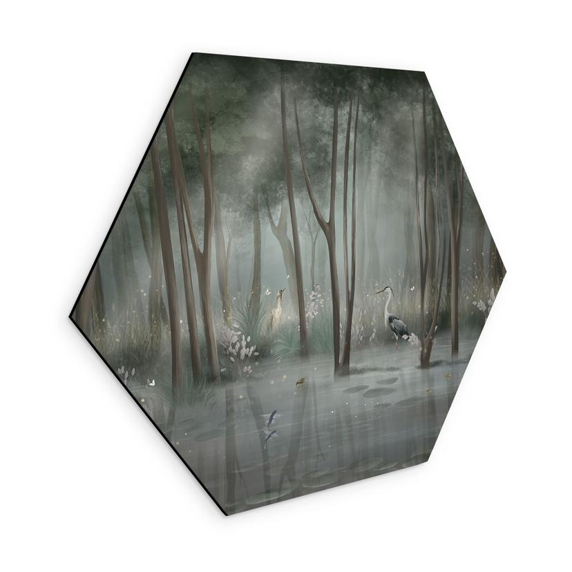 Wanddecoratie wolkenbos aan het meer met reiger in het groen - Ms Tiff - Aluminium Dibond