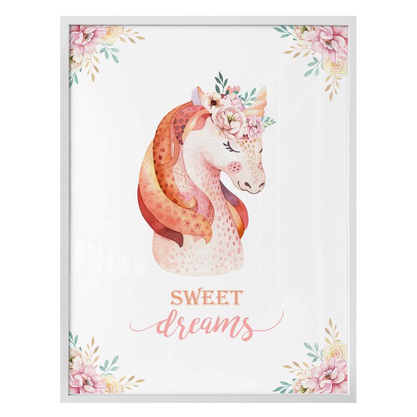 Póster Kvilis - Dulces sueños - Unicornio con corona de flores