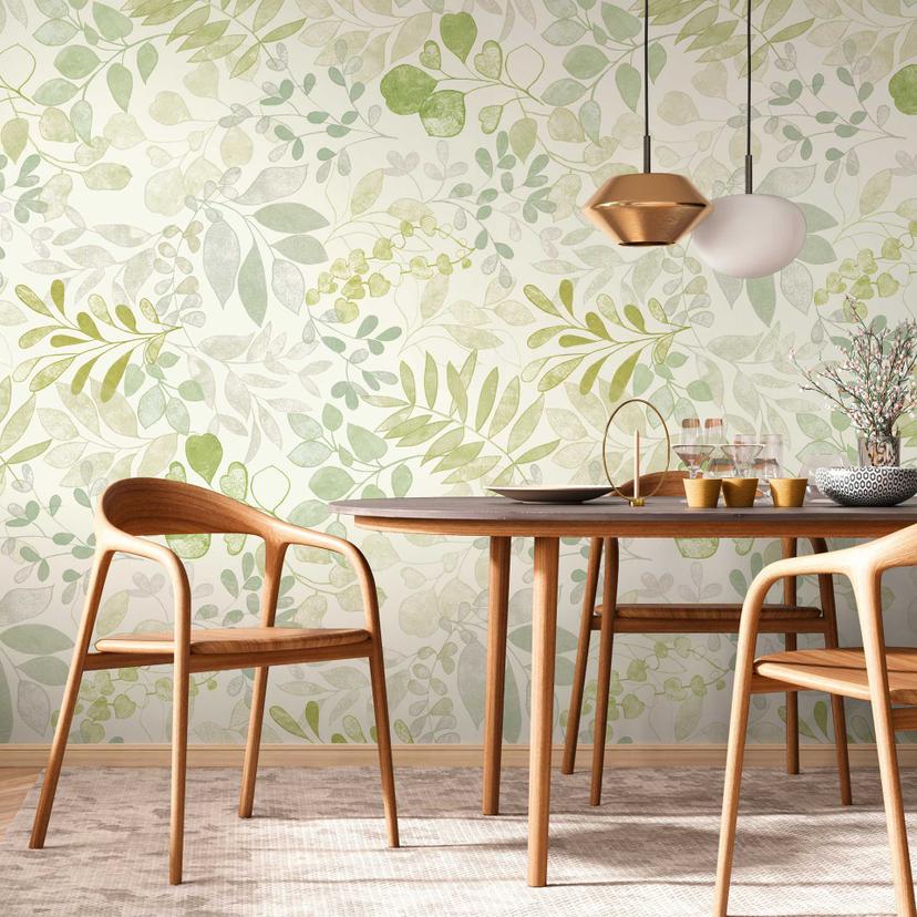Ikke-vævet tapet med bladmønster grøn beige - blomstret fototapet - naturlook