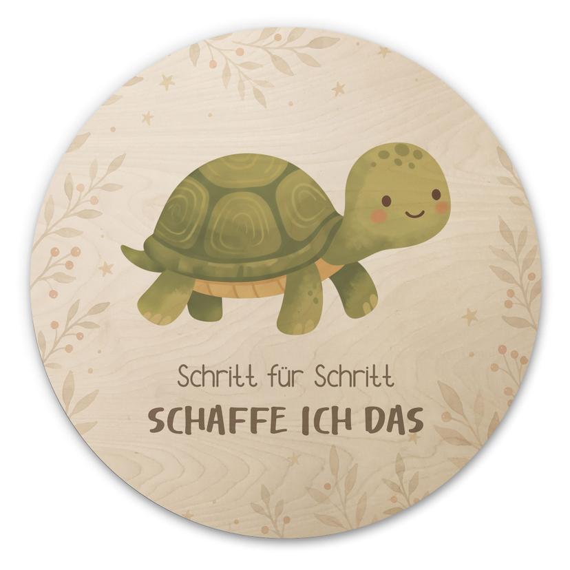 Rundes Holzbild mit Schildkröte - 'Schritt für Schritt schaffe ich das'