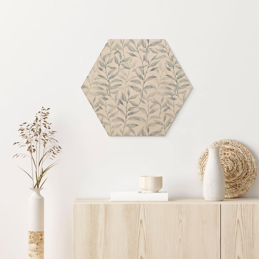 Stampa esagonale su legno con delicate foglie acquerellate - Grigio tenue - Decorazione floreale