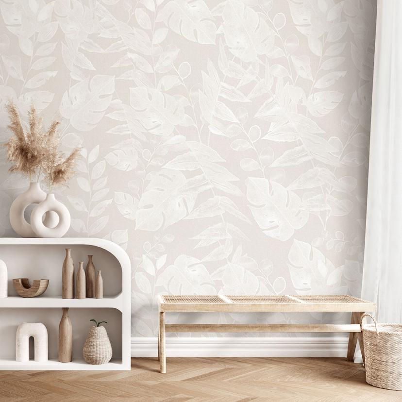 Plantas de la Jungla - Papel Pintado Beige Hojas Tropicales - Bloomery Decor
