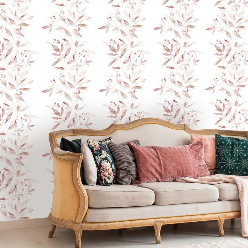 Papier peint intissé feuilles floral nature mat en blanc rouge