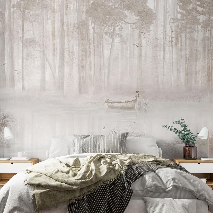 Bos Fotobehang - bos bij het meer in beige mist - Ms Tiff