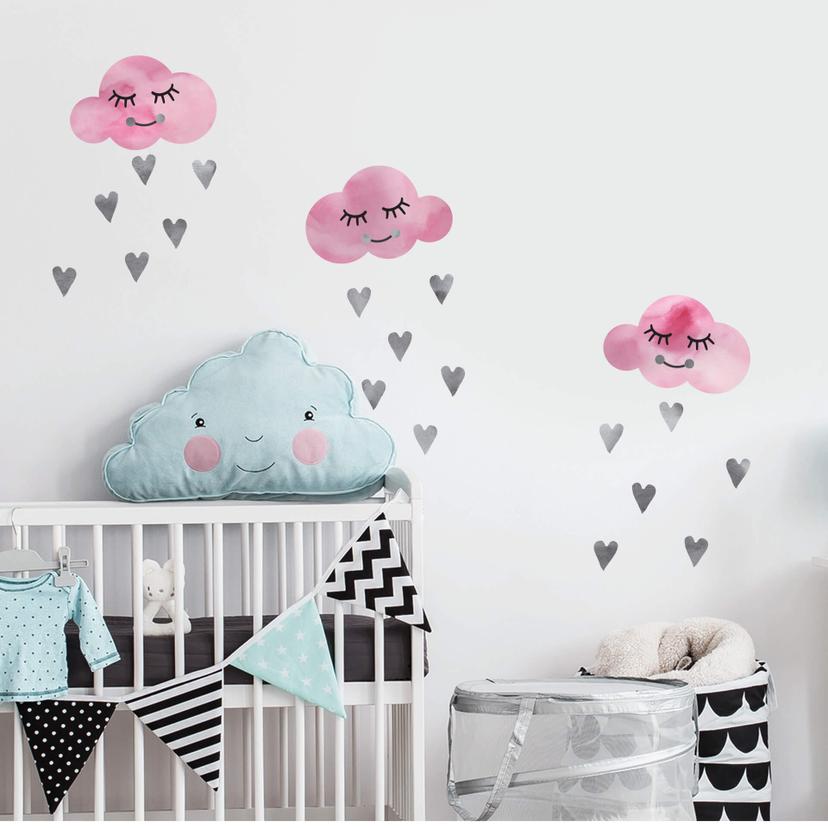 Sticker mural nuages roses et coeurs gris