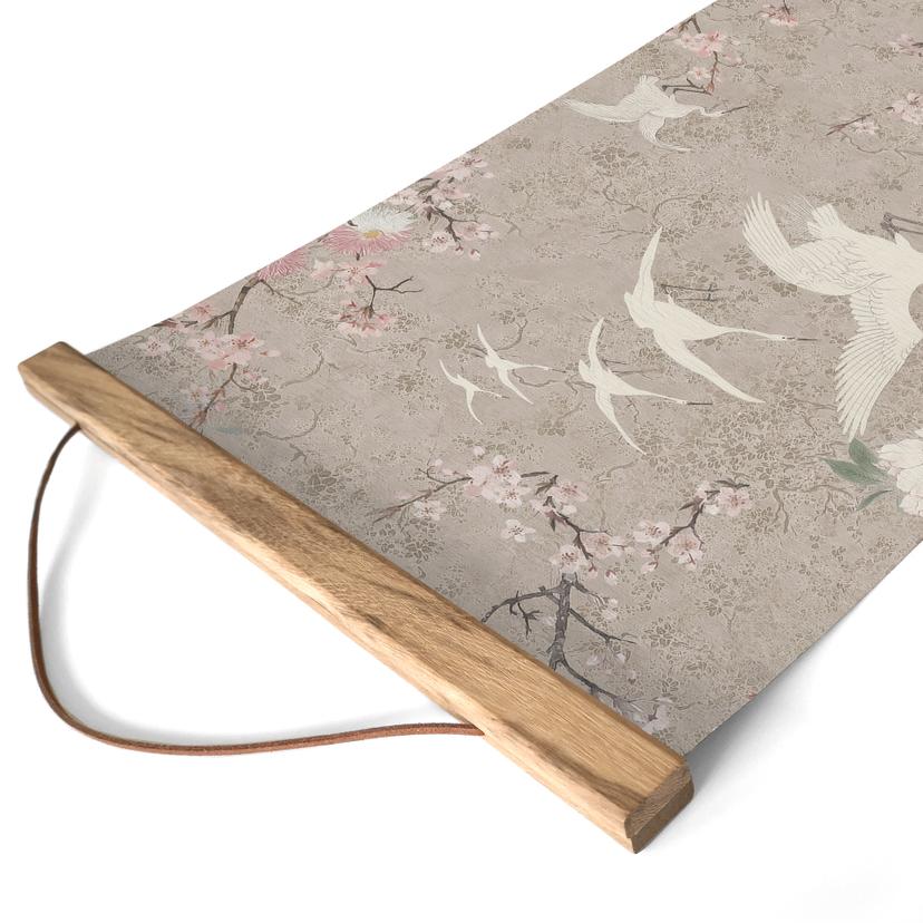 Tyg Poster Tranor i körsbärsblommor Rush Beige - Bloomery Decor - Panorama