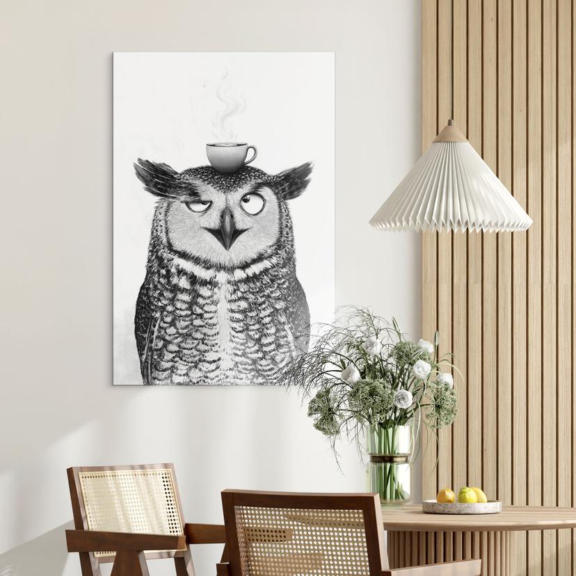 Wanddecoratie Grappige Uil met Koffie - Korenkova - Alu-Dibond