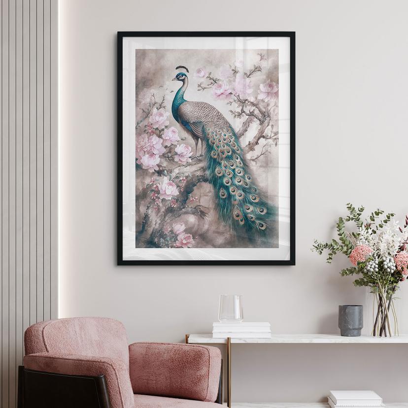 Poster Pauw met bloemen - Haase