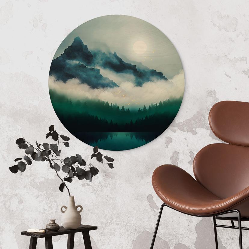Stampa su legno Paesaggio nebbioso di notte - SpaceFrog Designs - Rotondo