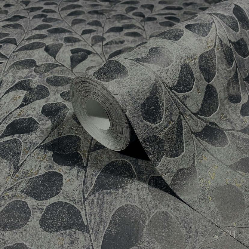 Papel pintado no tejido hojas, hormigón naturaleza floral en gris