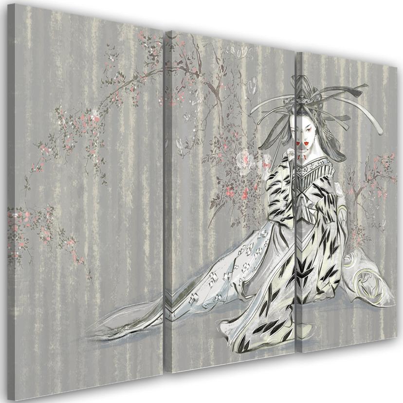 3 stykke lærredstryk, traditionel japansk geisha