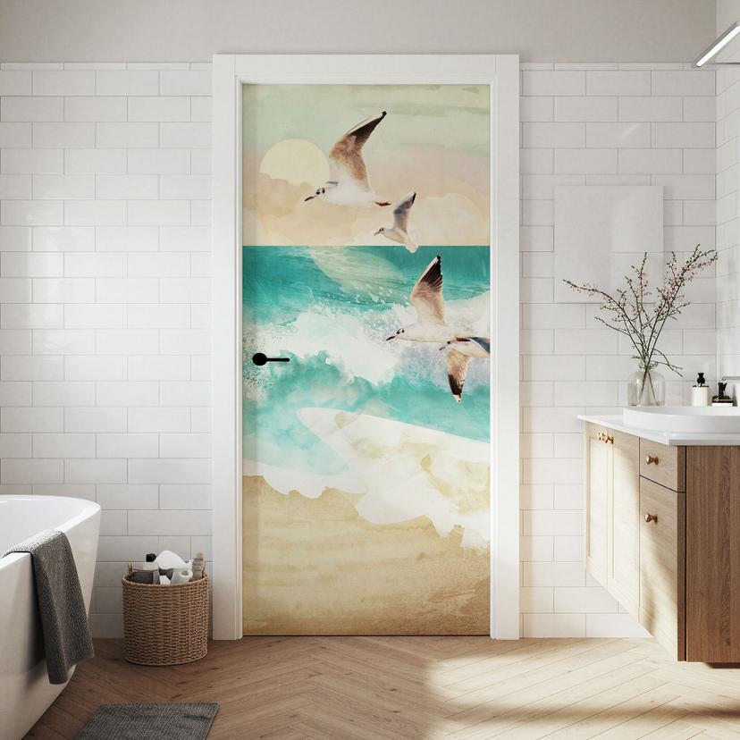 Vinilo para puertas Gaviotas en la playa - SpaceFrog Designs - Decoración autoadhesiva para puertas