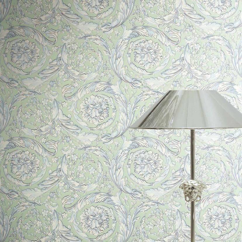 Versace ikke-vævet tapet Barocco Neo klassiske ranker blomstret grøn blå hvid elegant