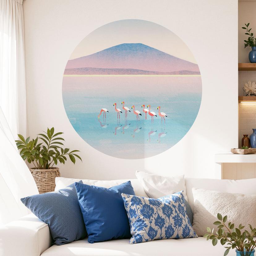 Sticker mural Lac aux couleurs pastel avec flamants roses - Rivers - Rond