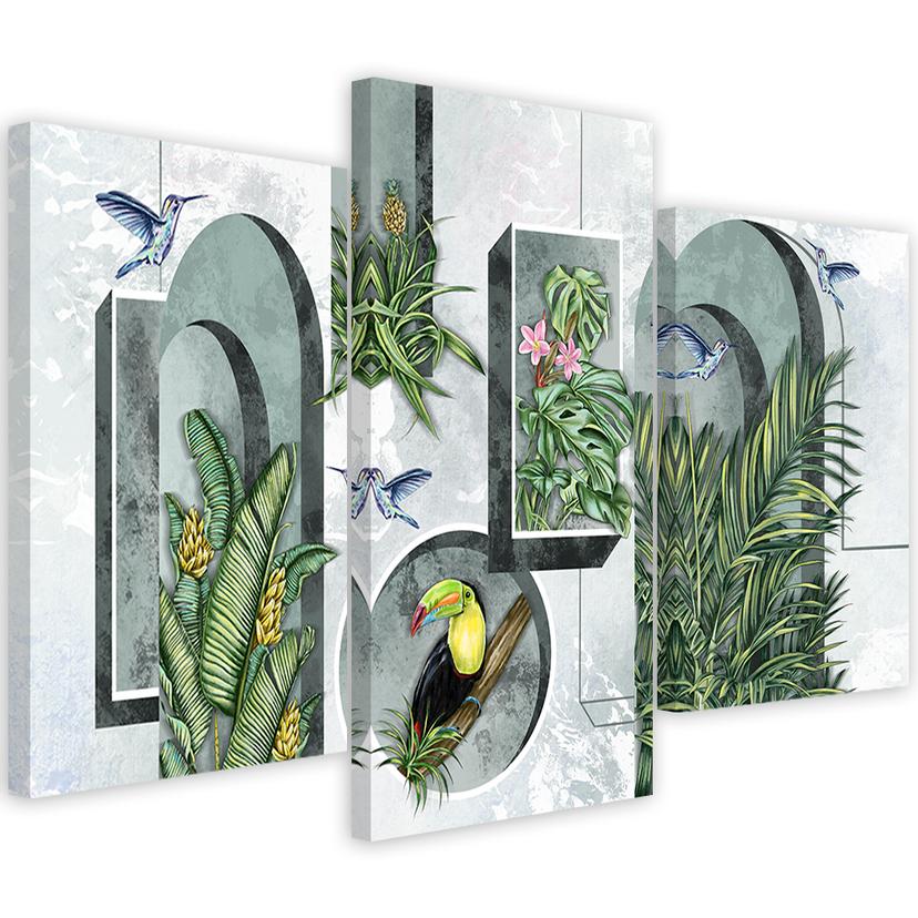 Lærred print 3 stykker, former i væggen med planter og fugle Toucan Koliber