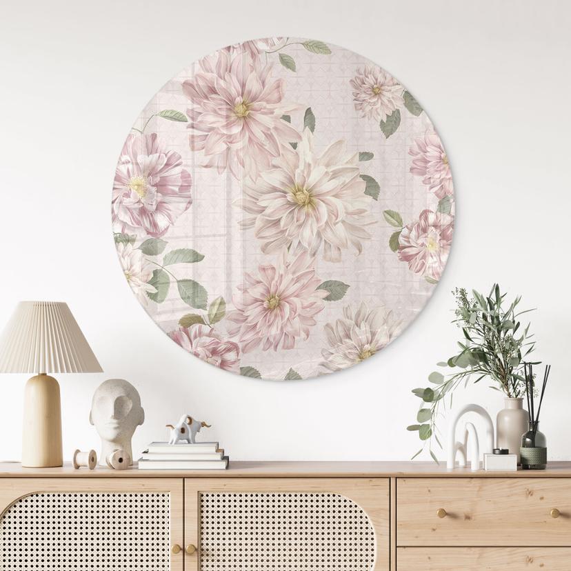Stampa su vetro Dalie Shabby Chic Rosa - Decorazione floreale - Rotonda