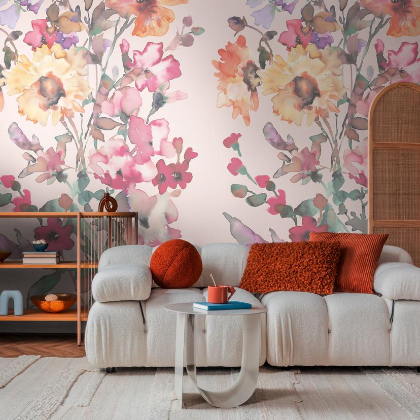 COSMOPOLITAN Fototapet blomster akvarel pink farverig - moderne Ikke-vævet tapet blomstret
