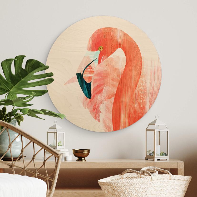 Goed Blauw Trätavla - Rosa flamingo - Rund