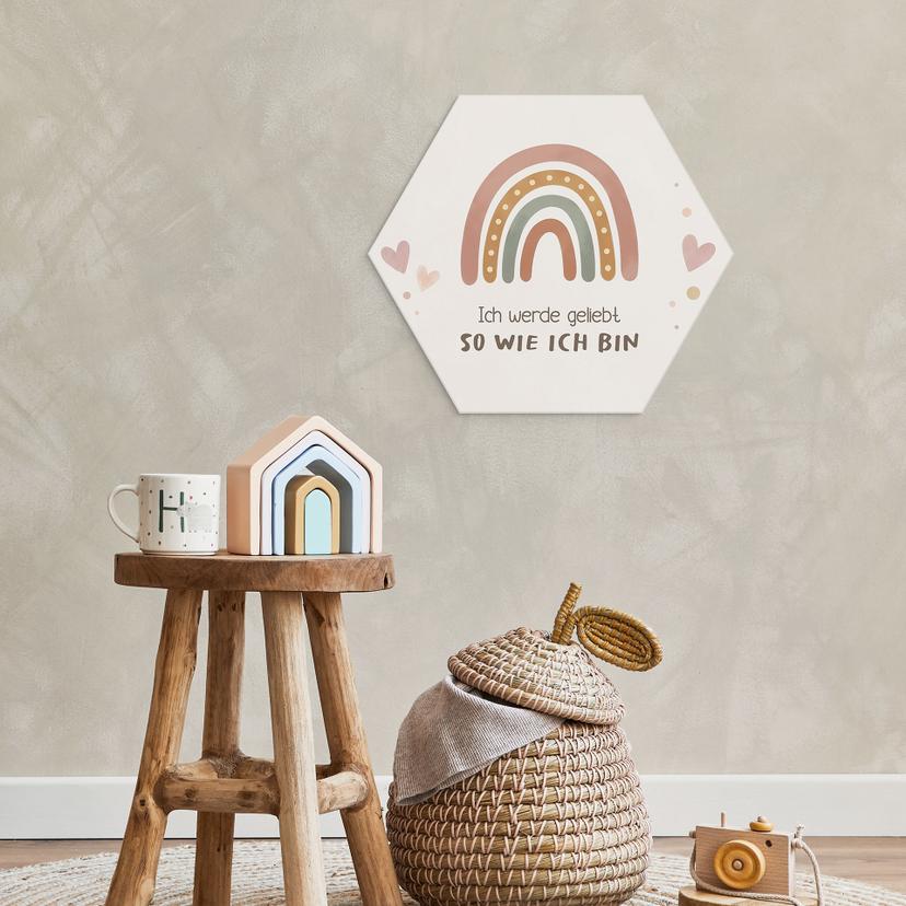 Alu-Dibond Hexagon mit Boho-Regenbogen - positiver Spruch 'Ich werde geliebt'