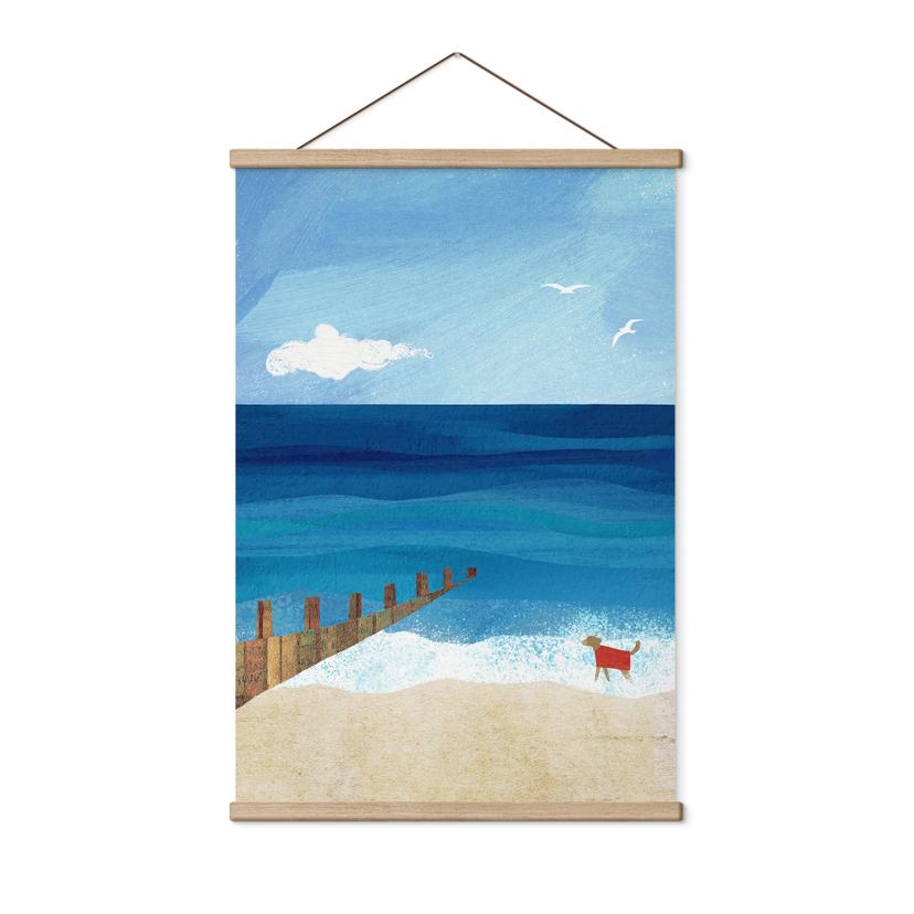 Textielposter Zomerstrand met hond aan zee - Rivers