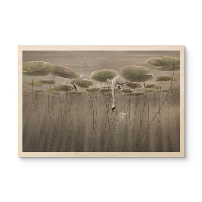 Houten Wanddecoratie lotusbloemen met zwaan in het water in grijs - Ms Tiff
