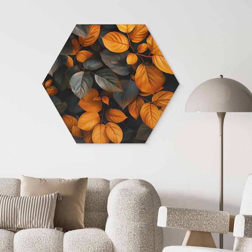 Stampa su legno esagonale con foglie luminose in autunno - Jaszke