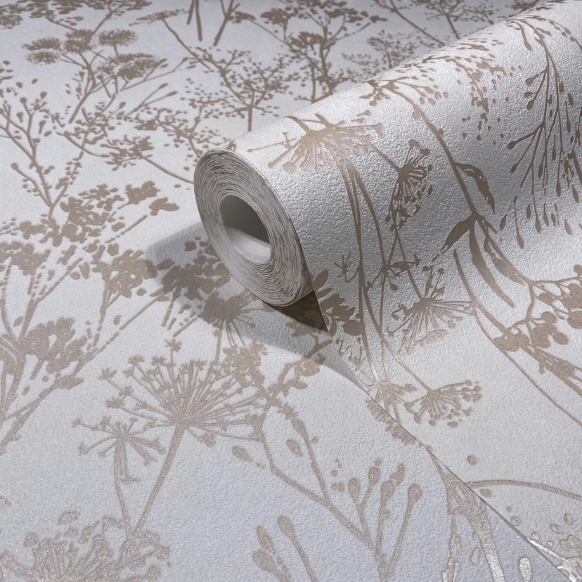 Papel pintado tejido-no tejido en blanco, beige motivo hoja aspecto floral naturaleza