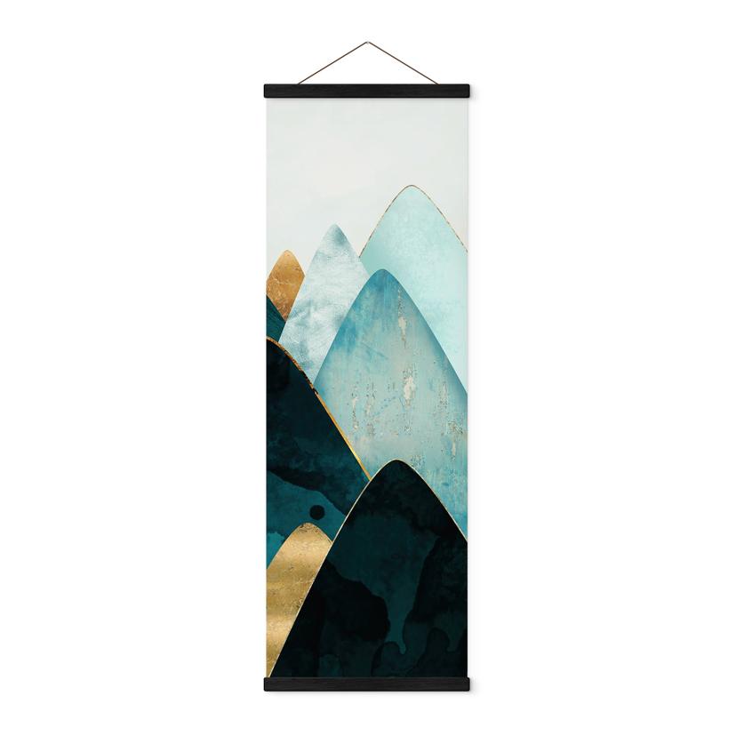 Póster de tela Montañas abstractas en dorado y azul - SpaceFrog Designs - Panorama
