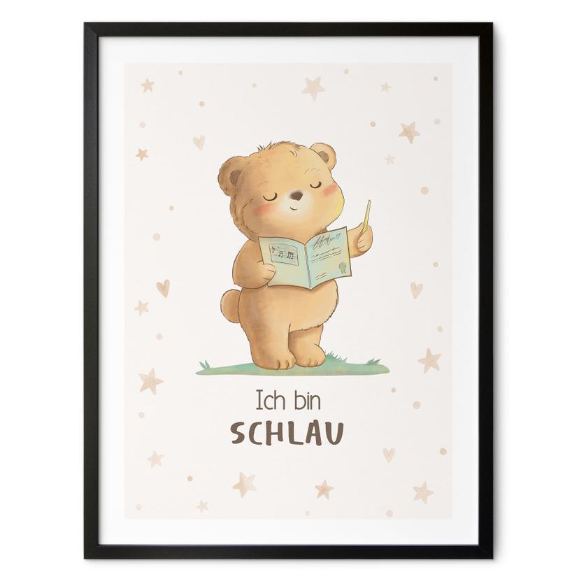 Affirmationsposter 'Ich bin schlau' mit lesendem Bär für Kinder