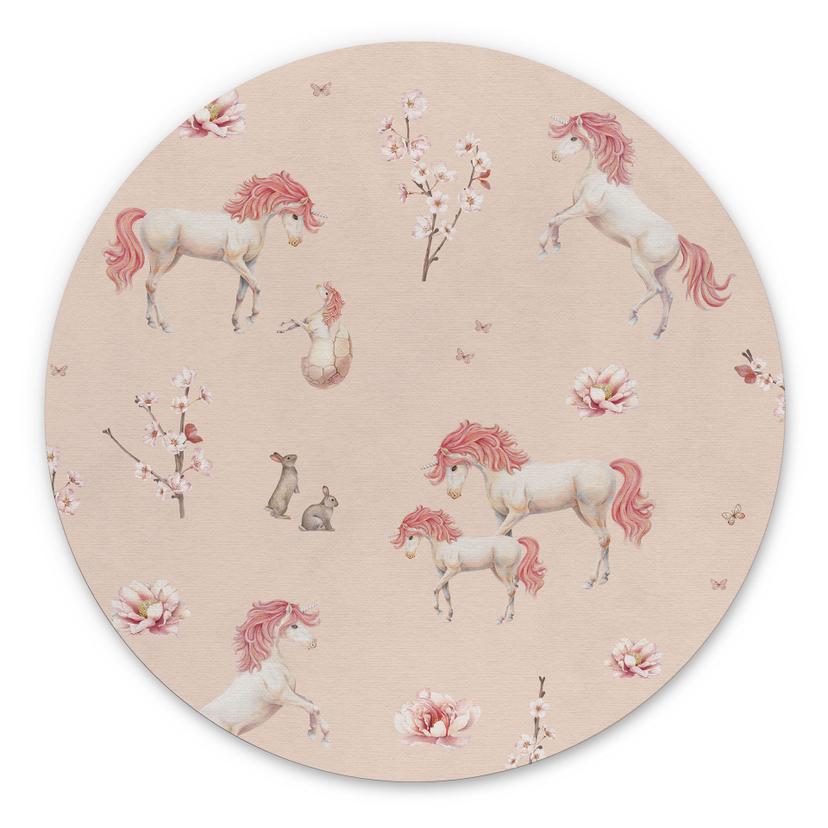 Fortryllede enhjørninger med kirsebærblomster Wallsticker - Kikki Belle - Rund – print på aluminium