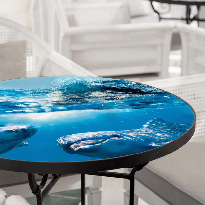 Plateau de table en verre rond - Dauphins sous l'eau