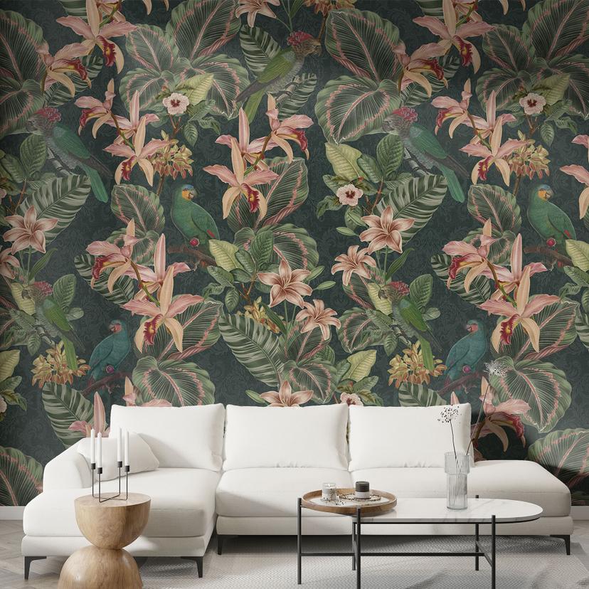 Jungle med papegøjer natgrøn | urban jungle fototapet - Bloomery Decor