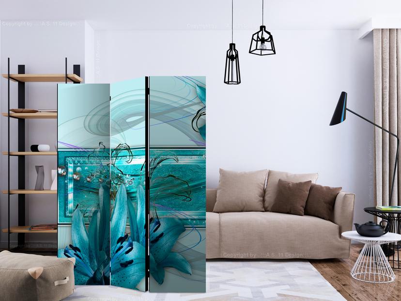 Divisorio per sala - Idillio blu turchese, 3 pezzi - 135x172 cm