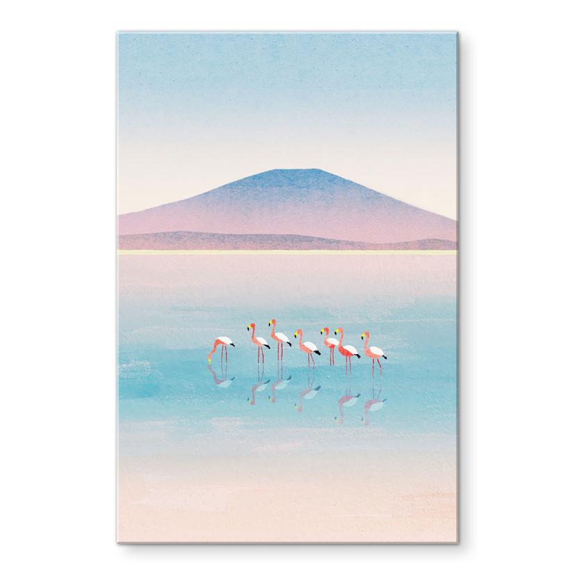 Acrylglas schilderij Pastelkleurig meer met flamingo's - Rivers