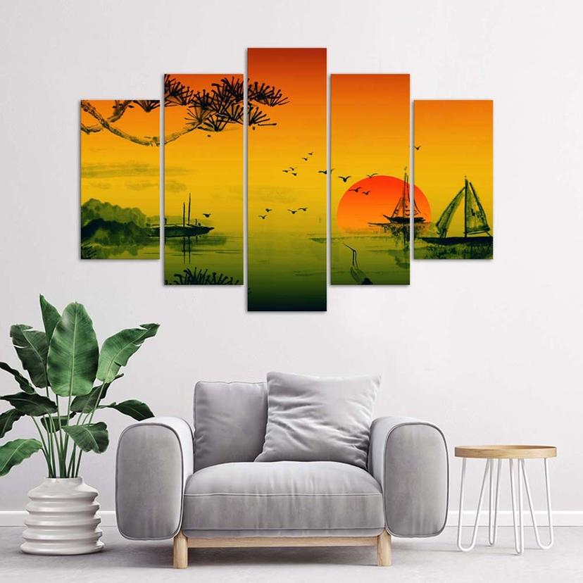 Stampa su tela 5 pezzi, tramonto in Giappone