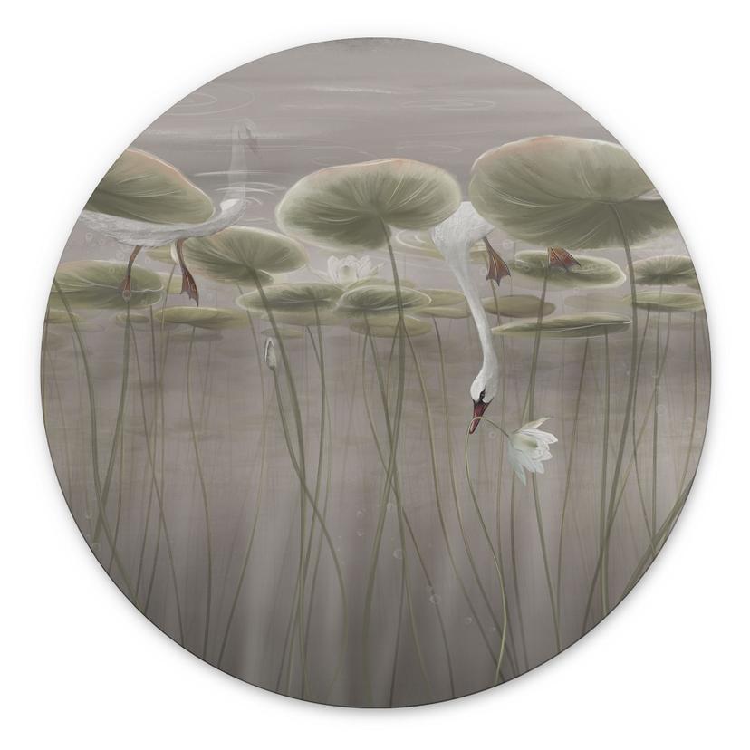 Wanddecoratie Lotusbloemen met zwaan in water in grijs - Ms Tiff - Alu-Dibond Rond