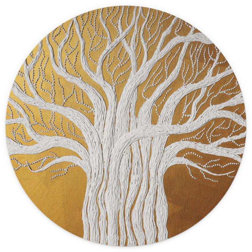 Albero della vita bianco astratto | Albero d'oro e bianco - Fotomurale - Rotondo - carta da parati i