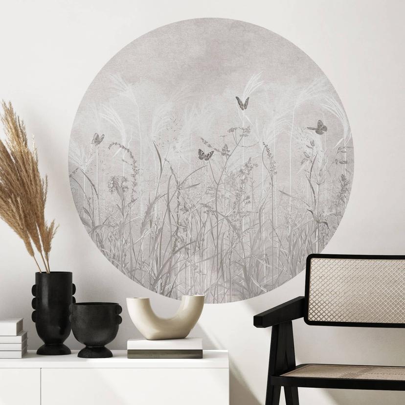 Muursticker wilde bloemenweide met vlinders in Scandinavisch ontwerp - Ms Tiff - Rond