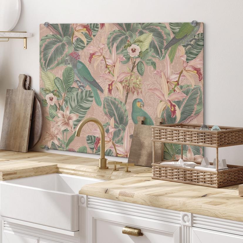 Stænkplade jungle med papegøjer pink - Bloomery Decor