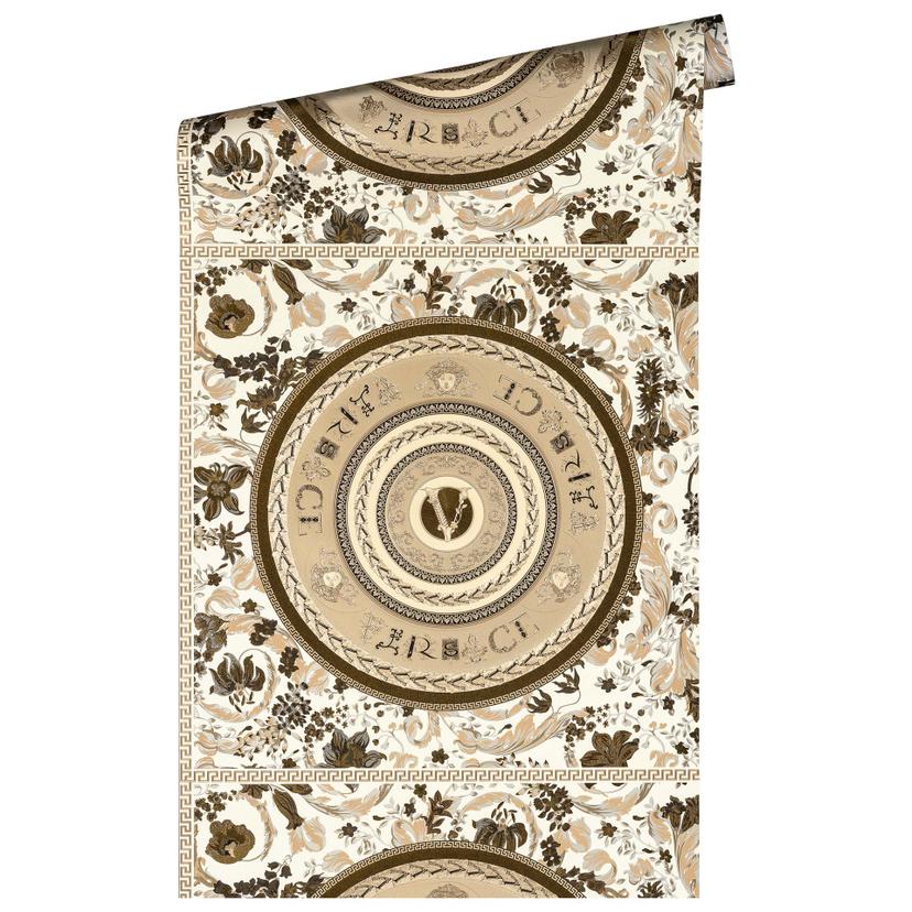 Carta da parati Versace in tessuto non tessuto oro e bianco con teste di medusa, design floreale