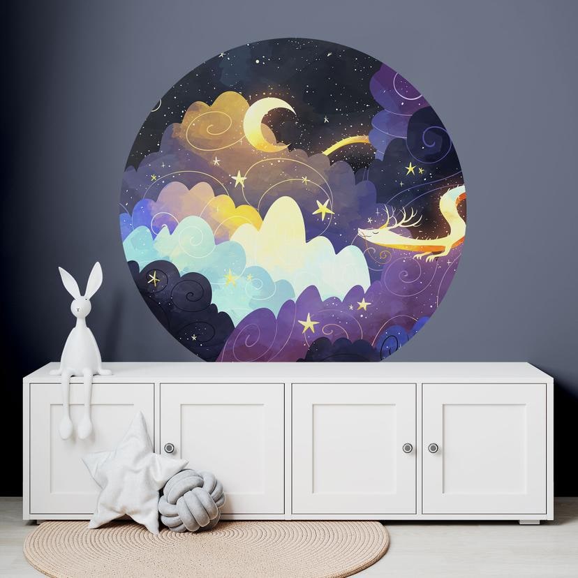 Wallsticker drageflyvning gennem stjerneklare skyer - DigitalArtsi - Round