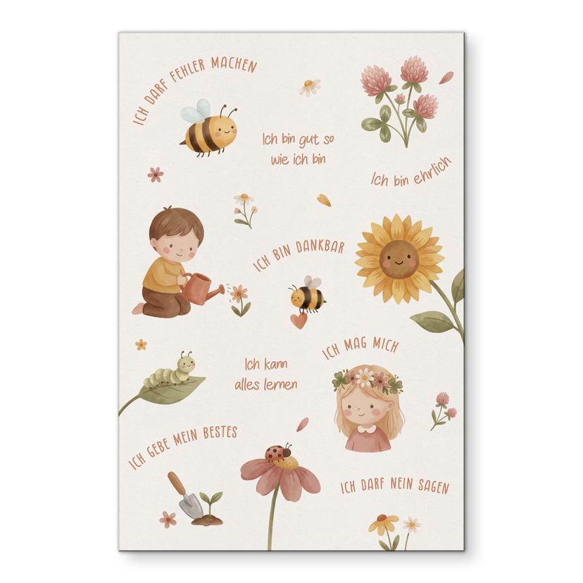 Alu-Dibond Wandbild - Affirmationen Blumen mit Biene und Sonnenblume fürs Kinderzimmer