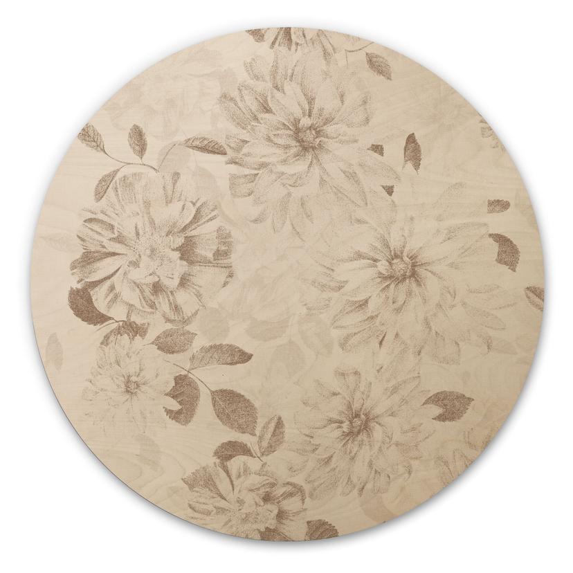 Tableau sur bois Dahlias Shabby Chic Beige - Bloomery Decor - Rond