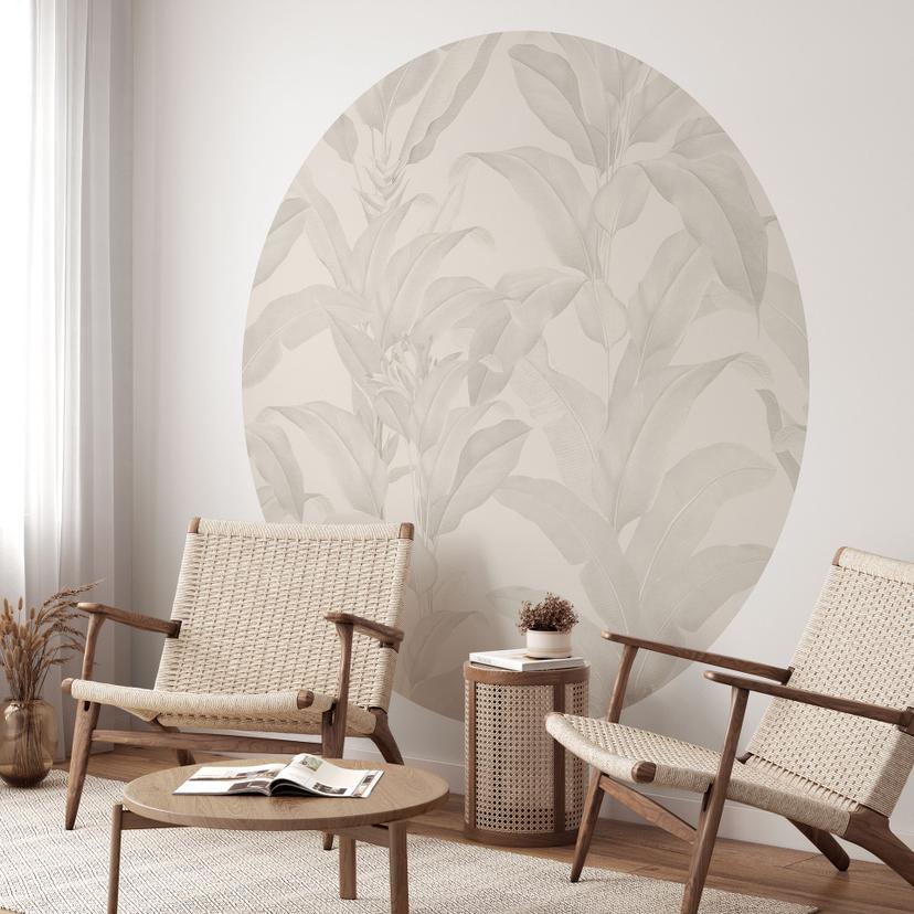 Fototapet Tropical Leaves Cream - blomsterdekoration - rund - selvklæbende/ikke-vævet