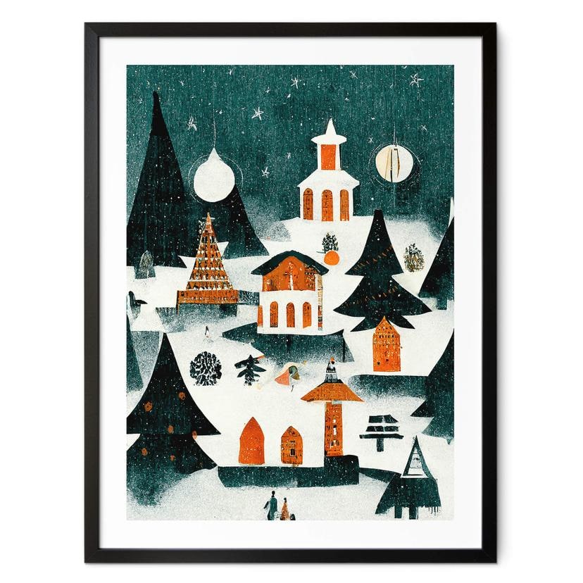 Plakat Jul - vinterlandskab om natten - træbarn