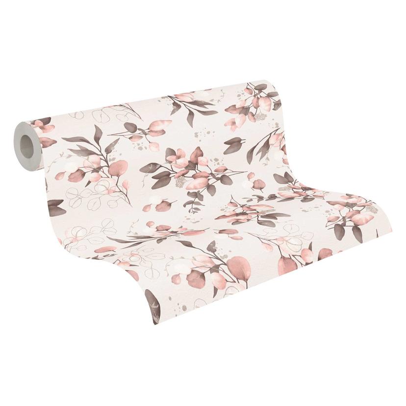 Papel pintado acuarela floral rosa gris - Papel pintado no tejido con hojas y ramitas