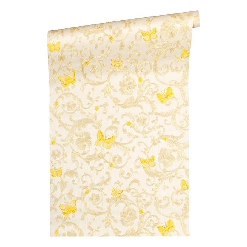 Versace tapet, Fleecetapet Butterfly Barocco Baroktapet med ornamenter, sølv, gul, creme
