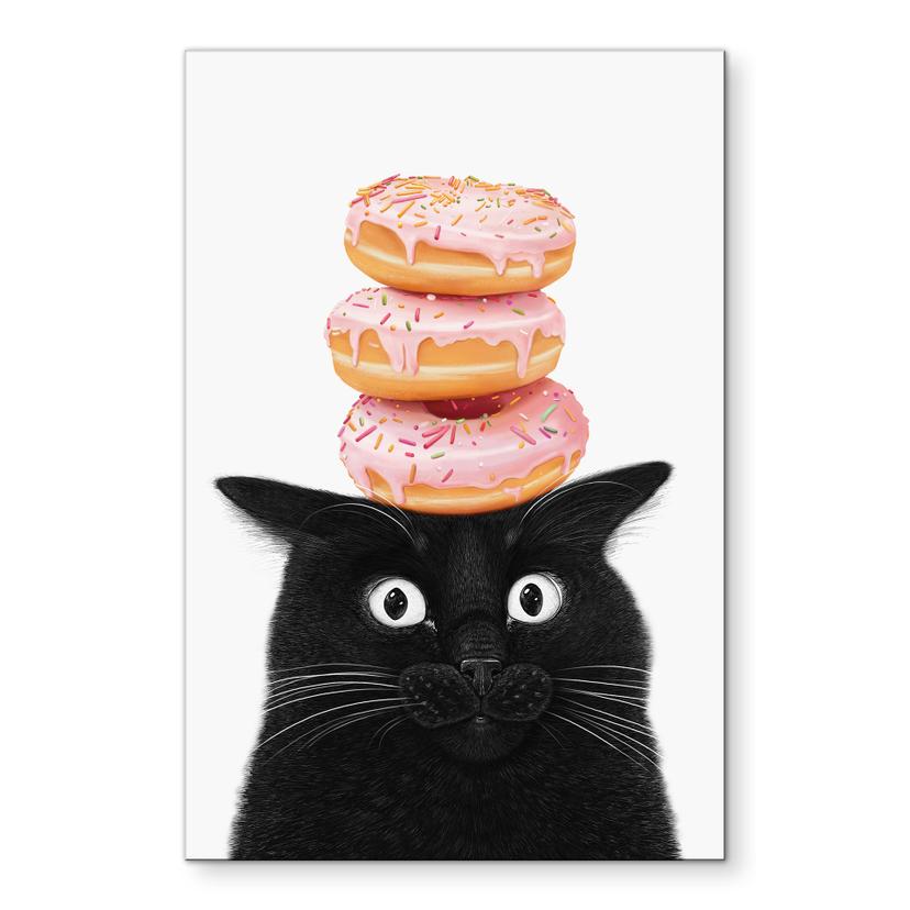 Wandbild Schwarze Katze mit pinken Donuts - Korenkova - Alu-Dibond