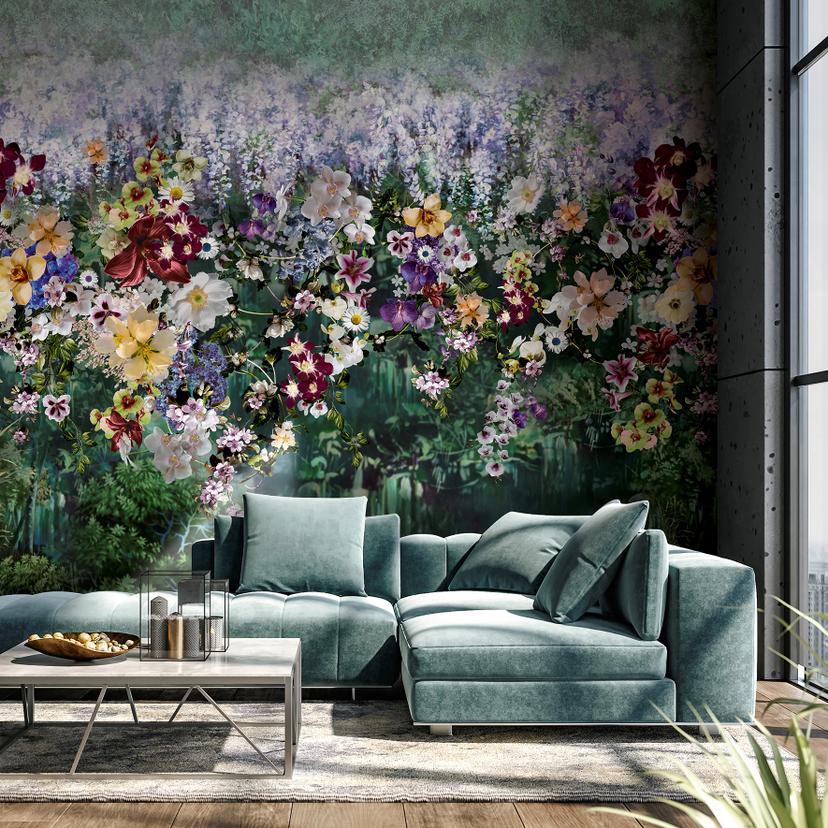 Fototapet Vild blomstereng med blomsterblanding i lilla og creme 2,7 x 2,65 m