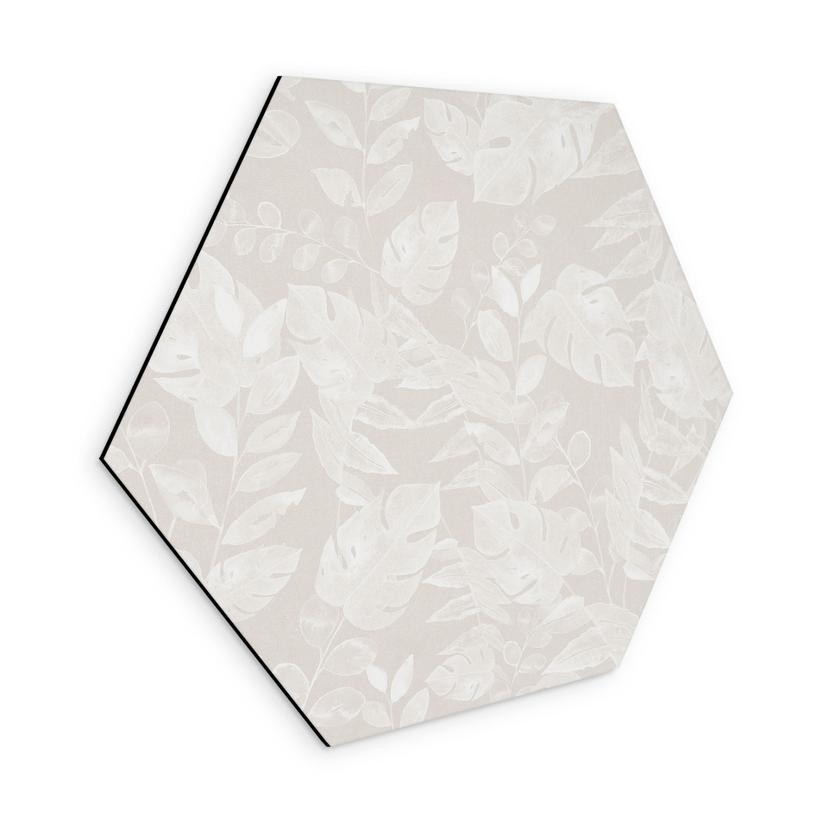 Sekskantet Billede af tropiske blade i beige - Bloomery Decor - Alu-Dibond